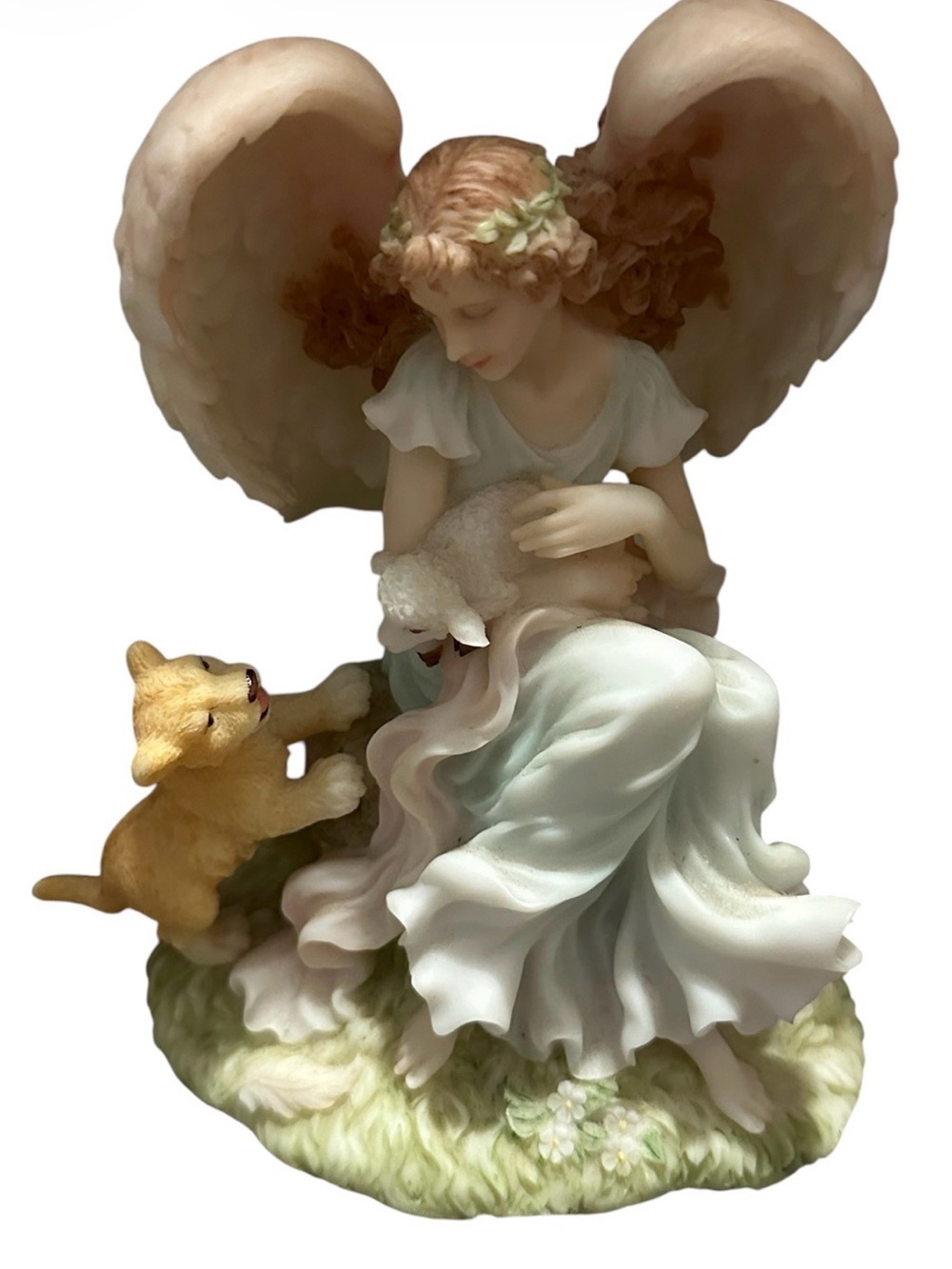 Vintage Porcelain Angel Figurine with Lamb and Kitten - White and Cream